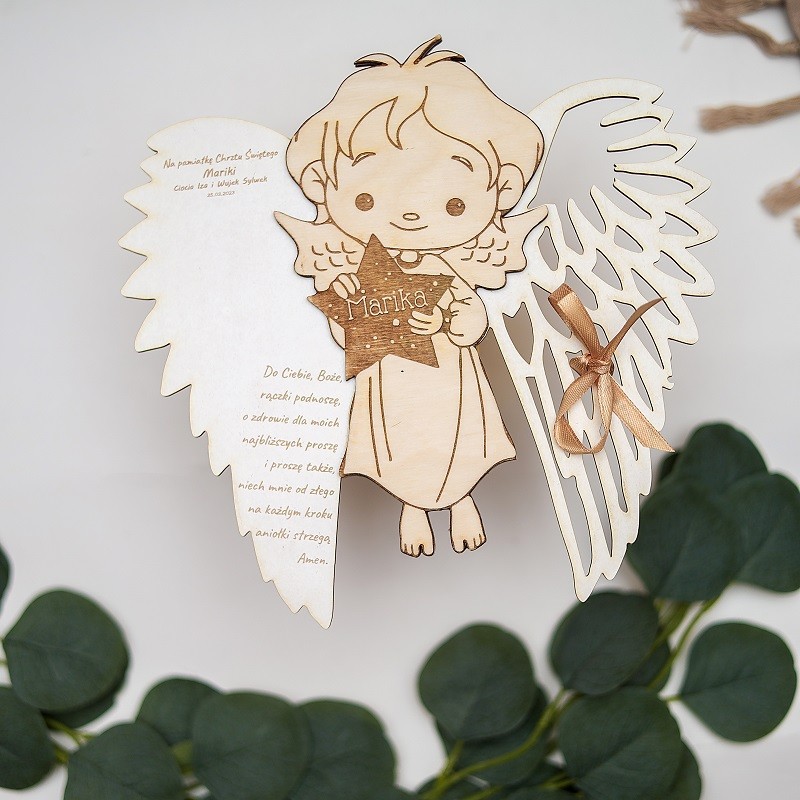 Anioł Stróż – drewniany aniołek z modlitwą